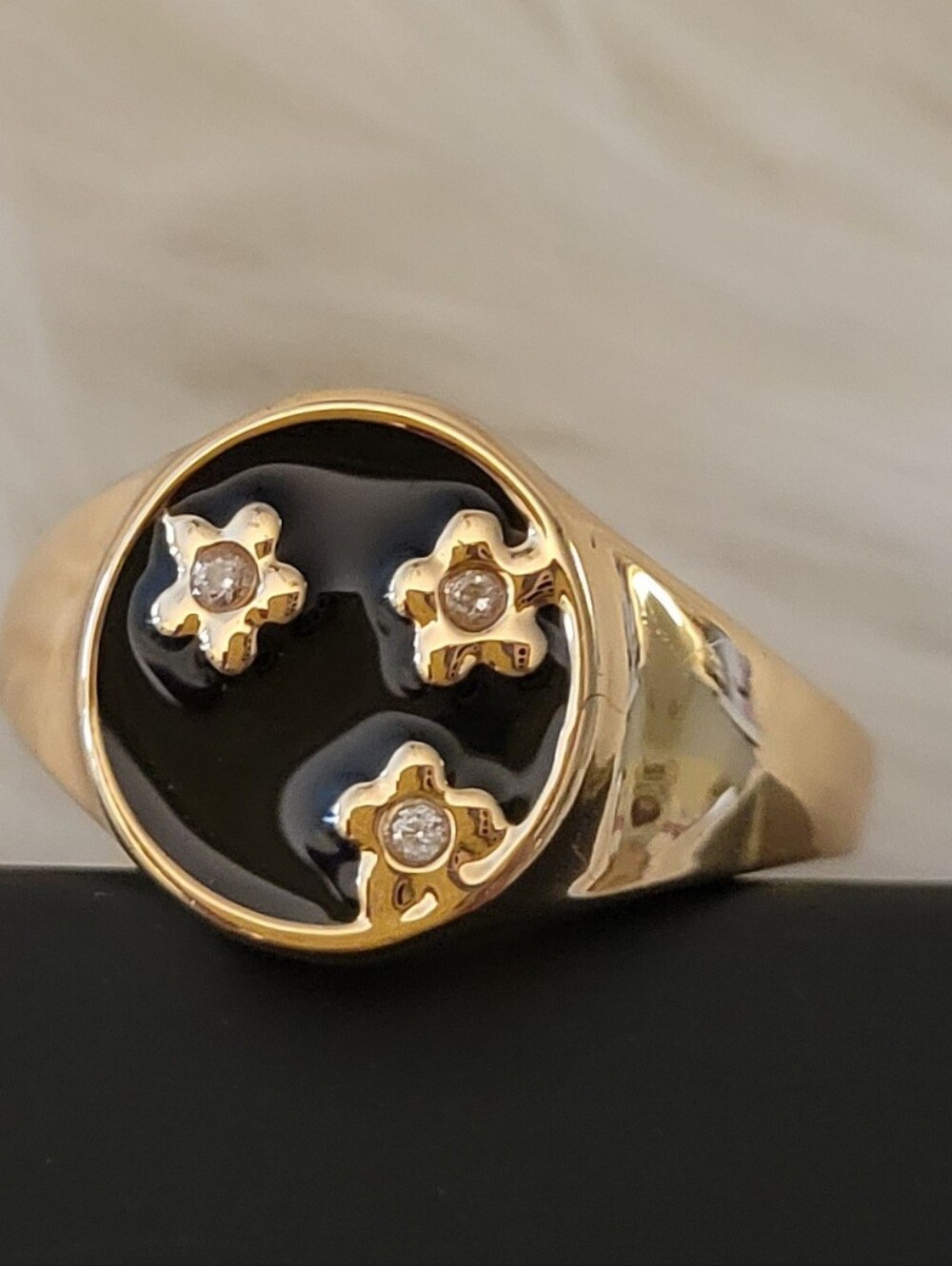 Gold Tone Black Enamel Signet Ring with Flower Accents